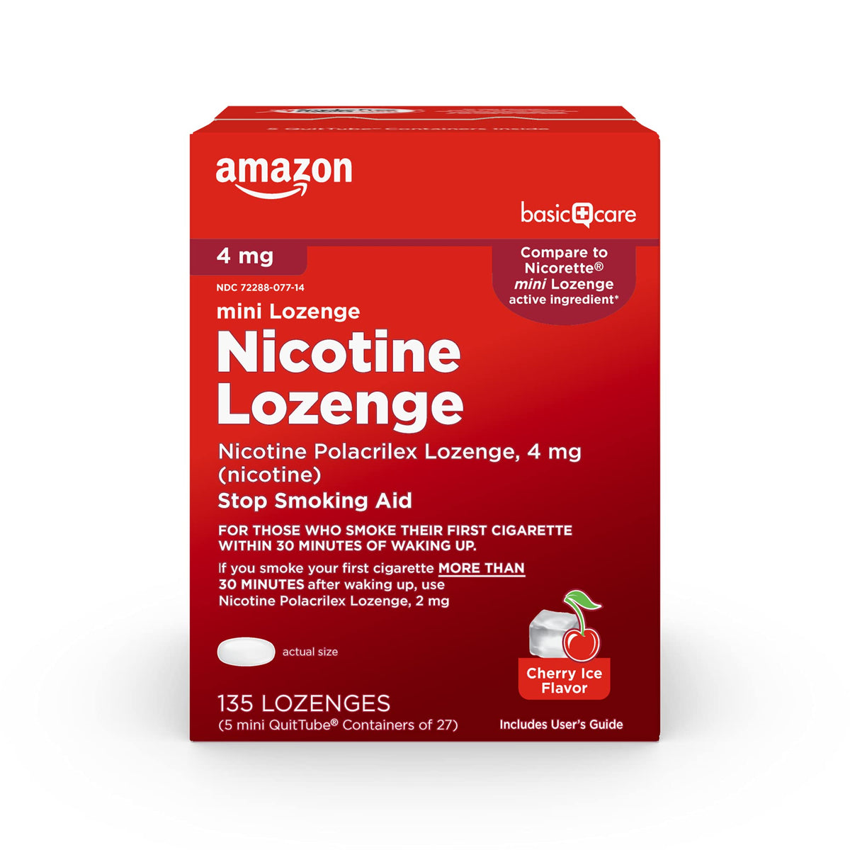Amazon Basic Care mini nicotine lozenge Cherry Ice packaging shows 135 count.
