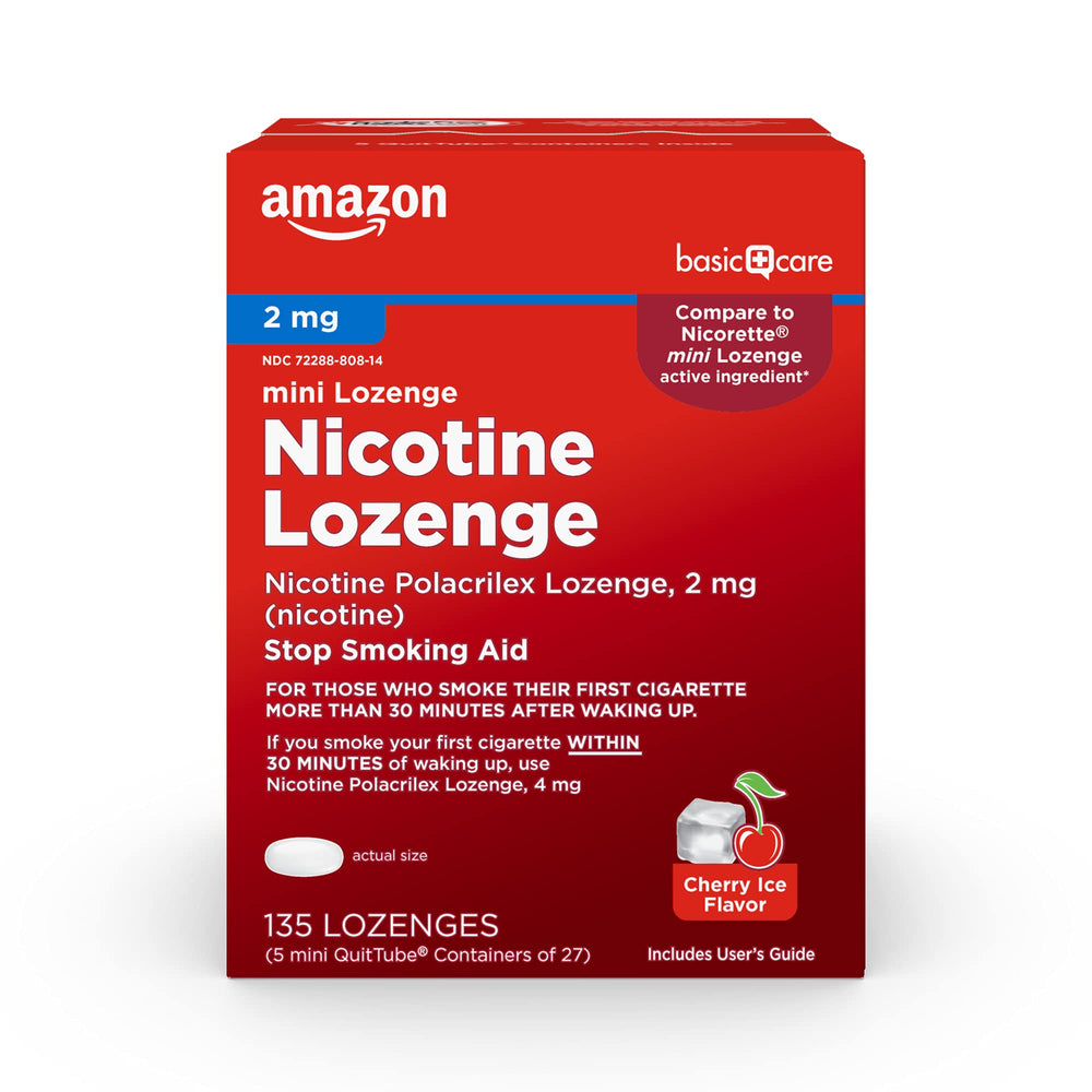 Amazon Basic Care mini lozenge bottle front view with cherry ice flavor for on-the-go cravings.