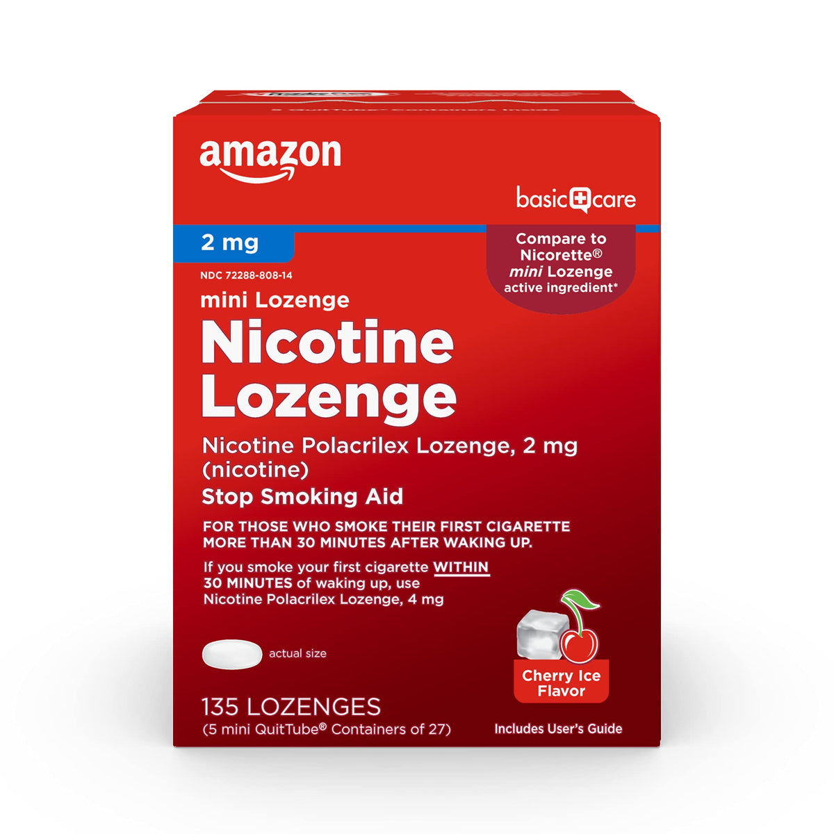 Amazon Basic Care mini lozenge bottle front view with cherry ice flavor for on-the-go cravings.