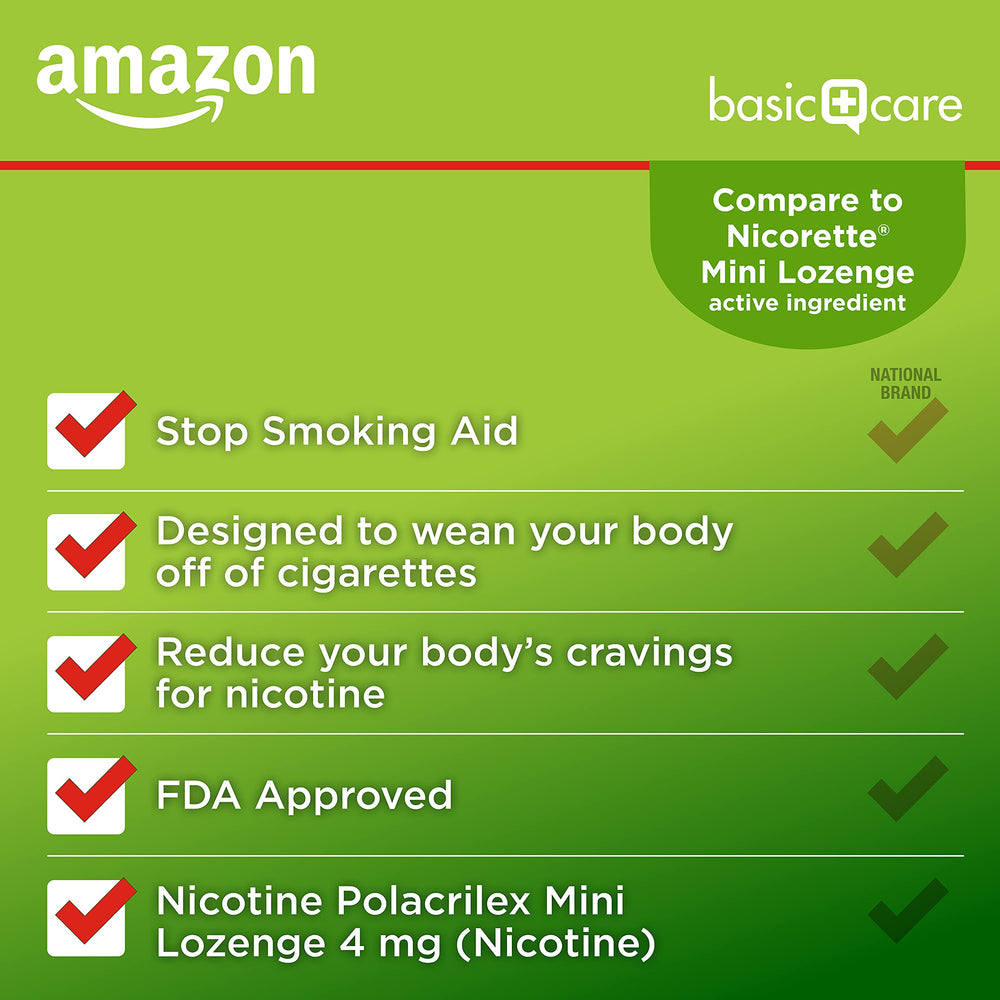Amazon Basic Care lozenge close-up highlights citrus tablet designed to curb cravings.