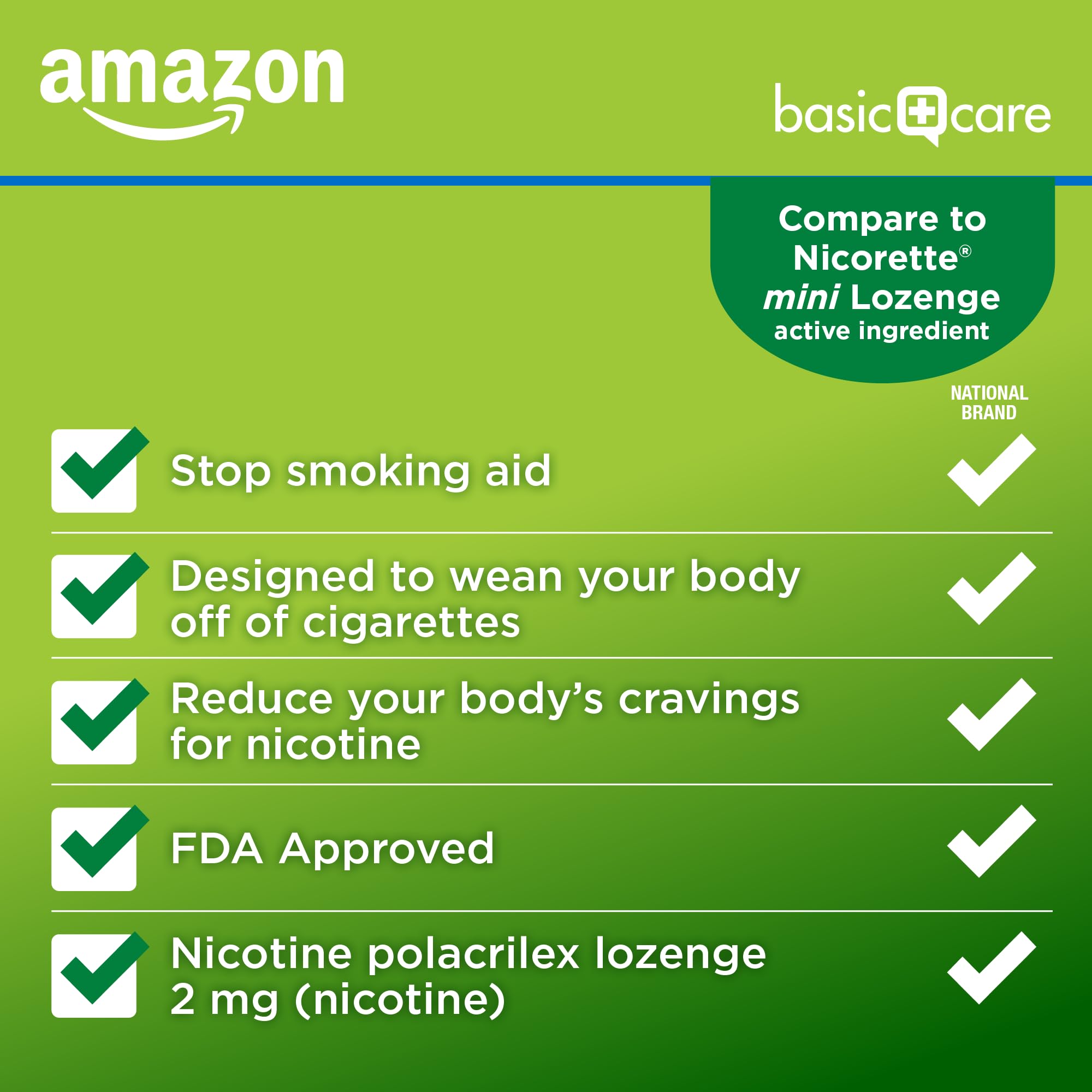 Amazon Basic Care quit-smoking support lozenge promotes gradual nicotine reduction.