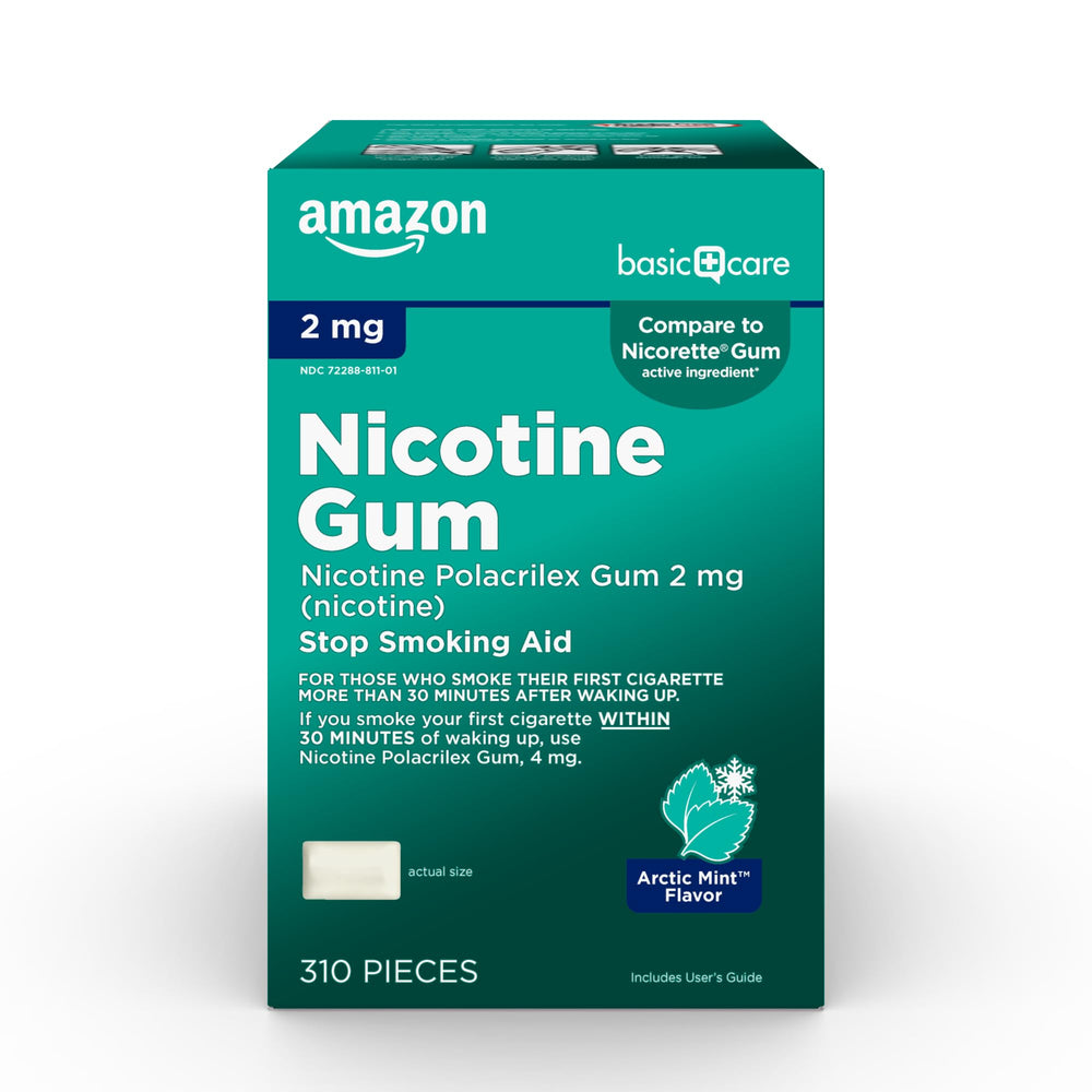 Amazon Basic Care nicotine gum 2 mg Arctic Mint front packaging supports planned smoking cessation.
