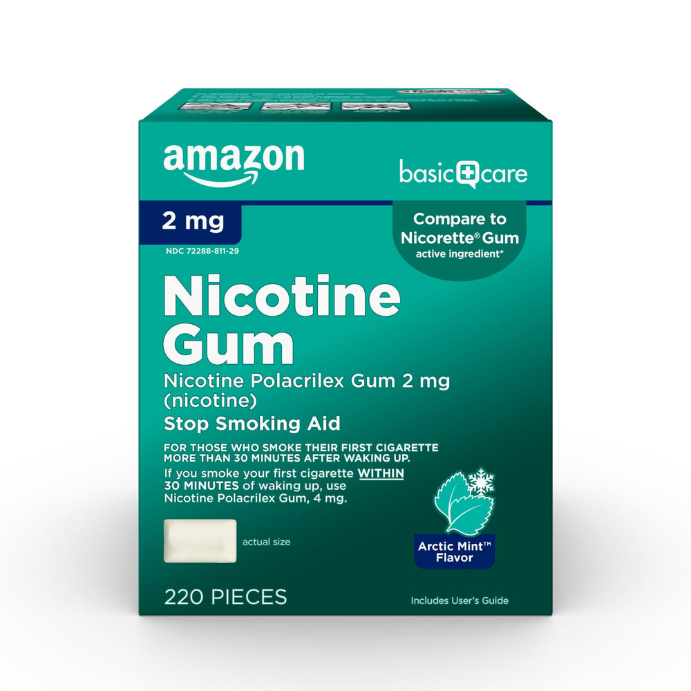 Amazon Basic Care nicotine gum 2 mg mint pack ready for daily use.