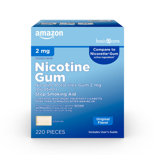 Amazon Basic Care 2 mg original gum pack front view for cravings relief on the go.