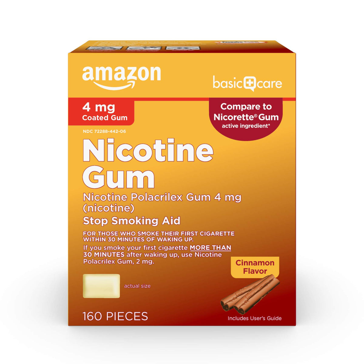 Amazon Basic Care nicotine gum 4 mg cinnamon box highlights convenient cravings support
