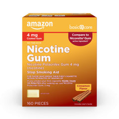 Amazon Basic Care nicotine gum 4 mg cinnamon box highlights convenient cravings support