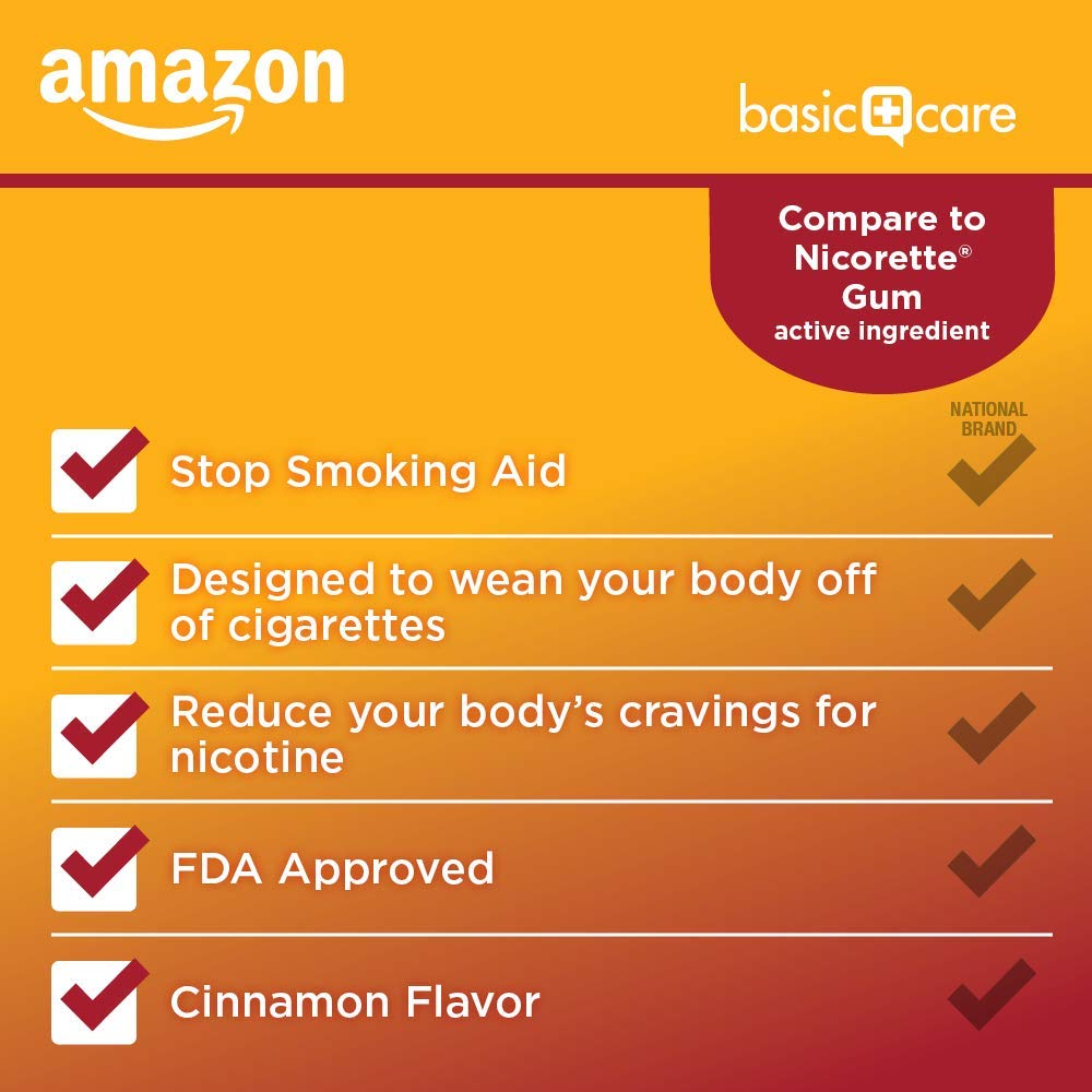 Amazon Basic Care nicotine gum 4 mg cinnamon piece on foil pack for quick use