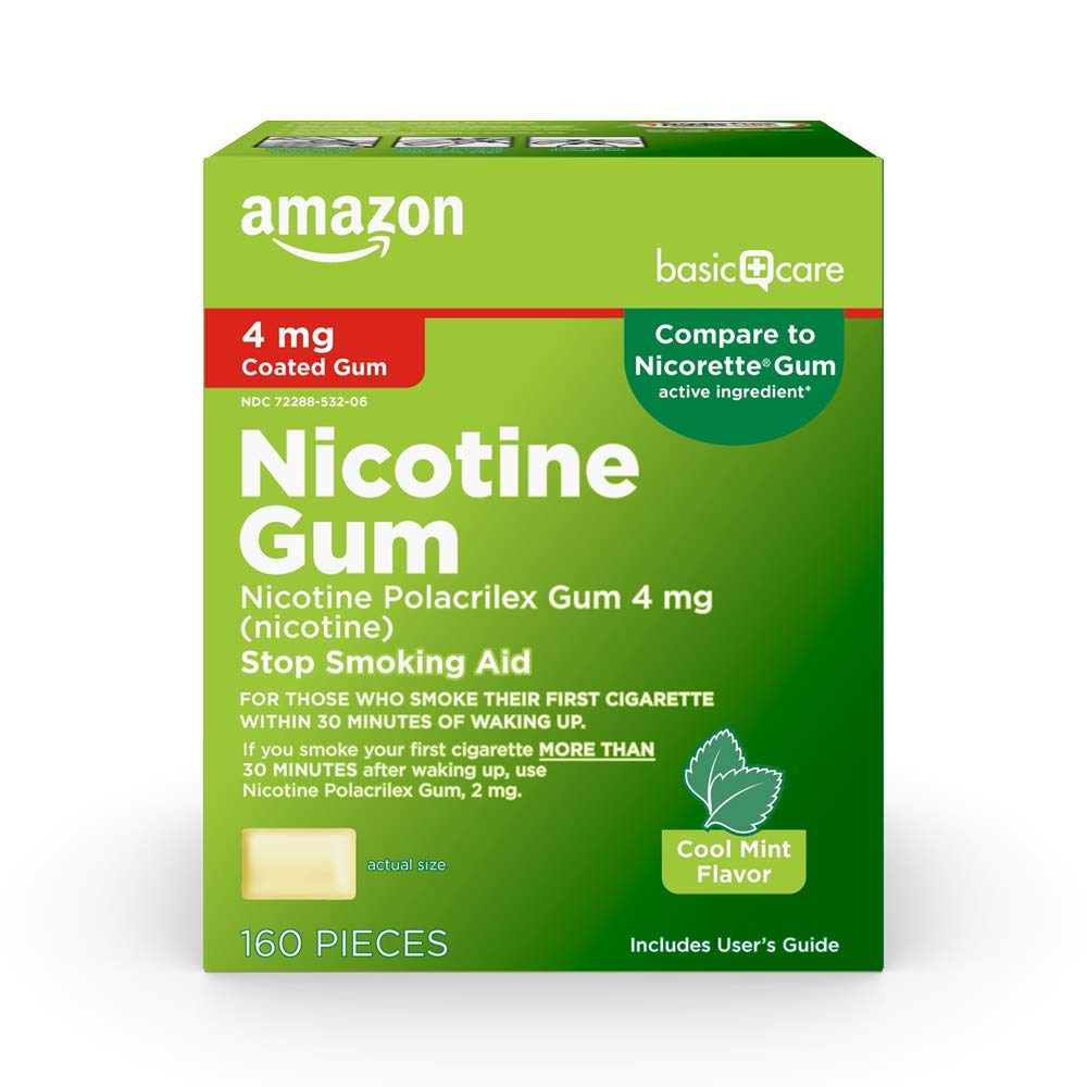 Amazon Basic Care nicotine gum 4mg cool mint box helps manage cravings throughout the day.