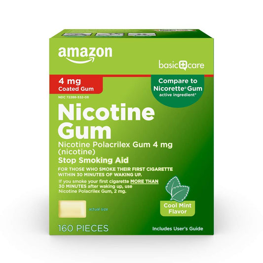 Amazon Basic Care nicotine gum 4mg cool mint box helps manage cravings throughout the day.