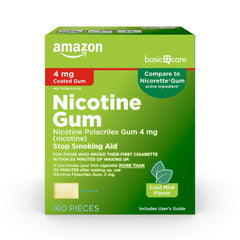 Amazon Basic Care nicotine gum 4mg cool mint box helps manage cravings throughout the day.