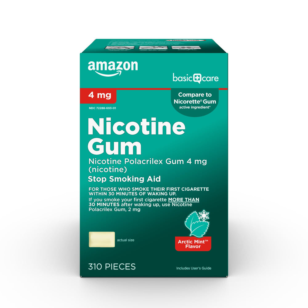 Amazon Basic Care Nicotine Gum 4 mg mint packaging supports cravings management