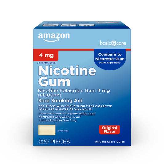 Amazon Basic Care 4 mg gum bottle, original flavor, supports craving control.