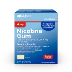 Amazon Basic Care 4 mg gum bottle, original flavor, supports craving control.