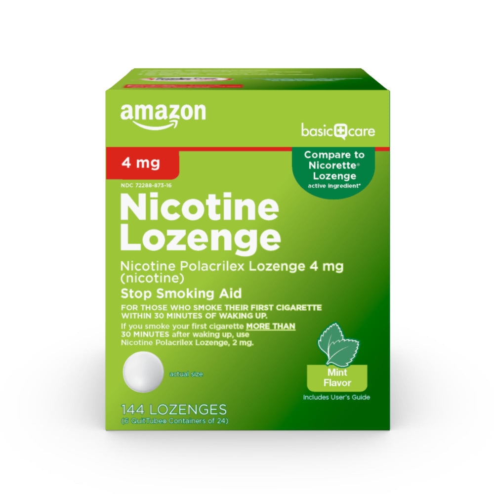 Amazon Basic Care Nicotine Lozenge 4mg mint in a resealable tub to support quit attempts.