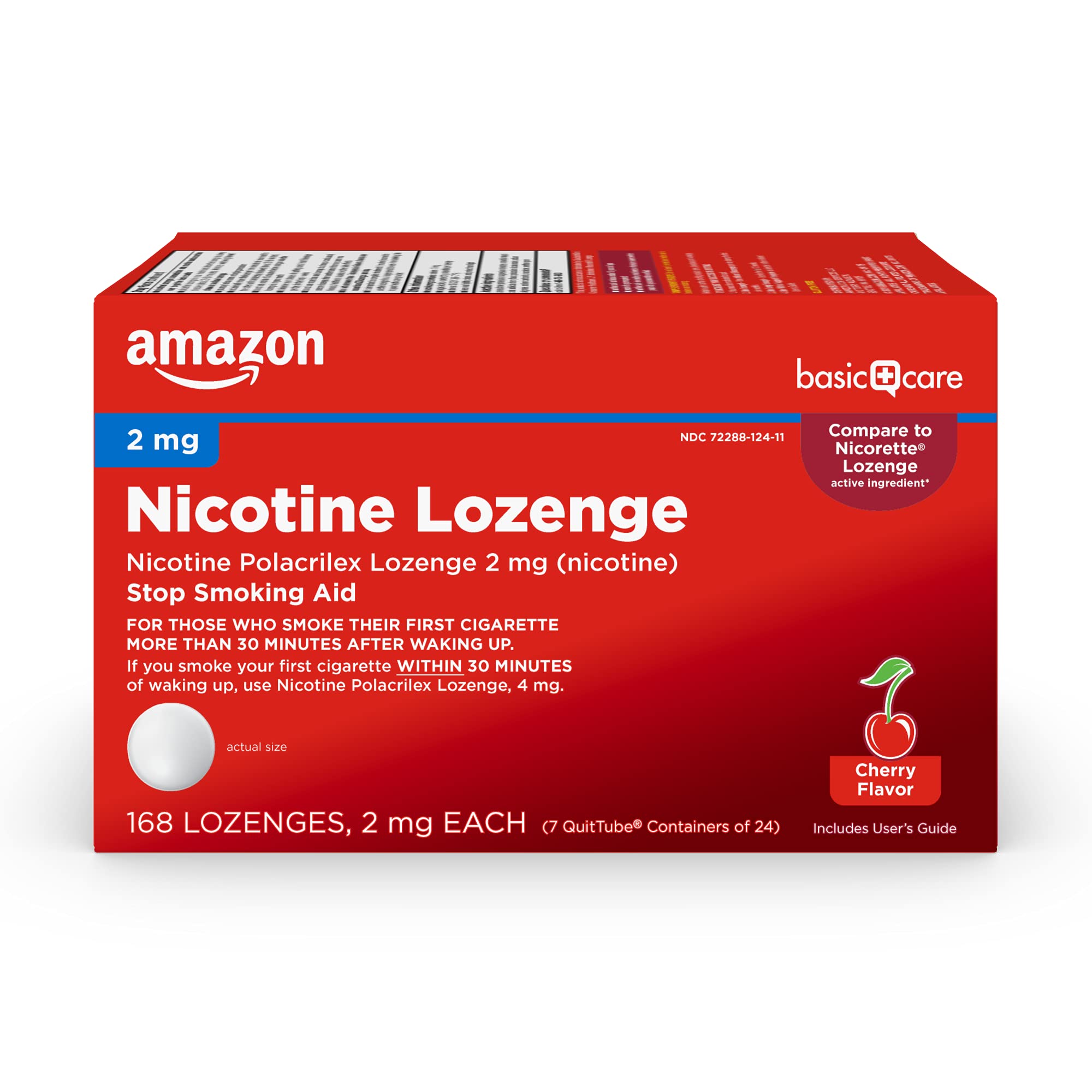 Amazon Basic Care nicotine lozenge cherry packaging provides discreet, on-the-go relief.