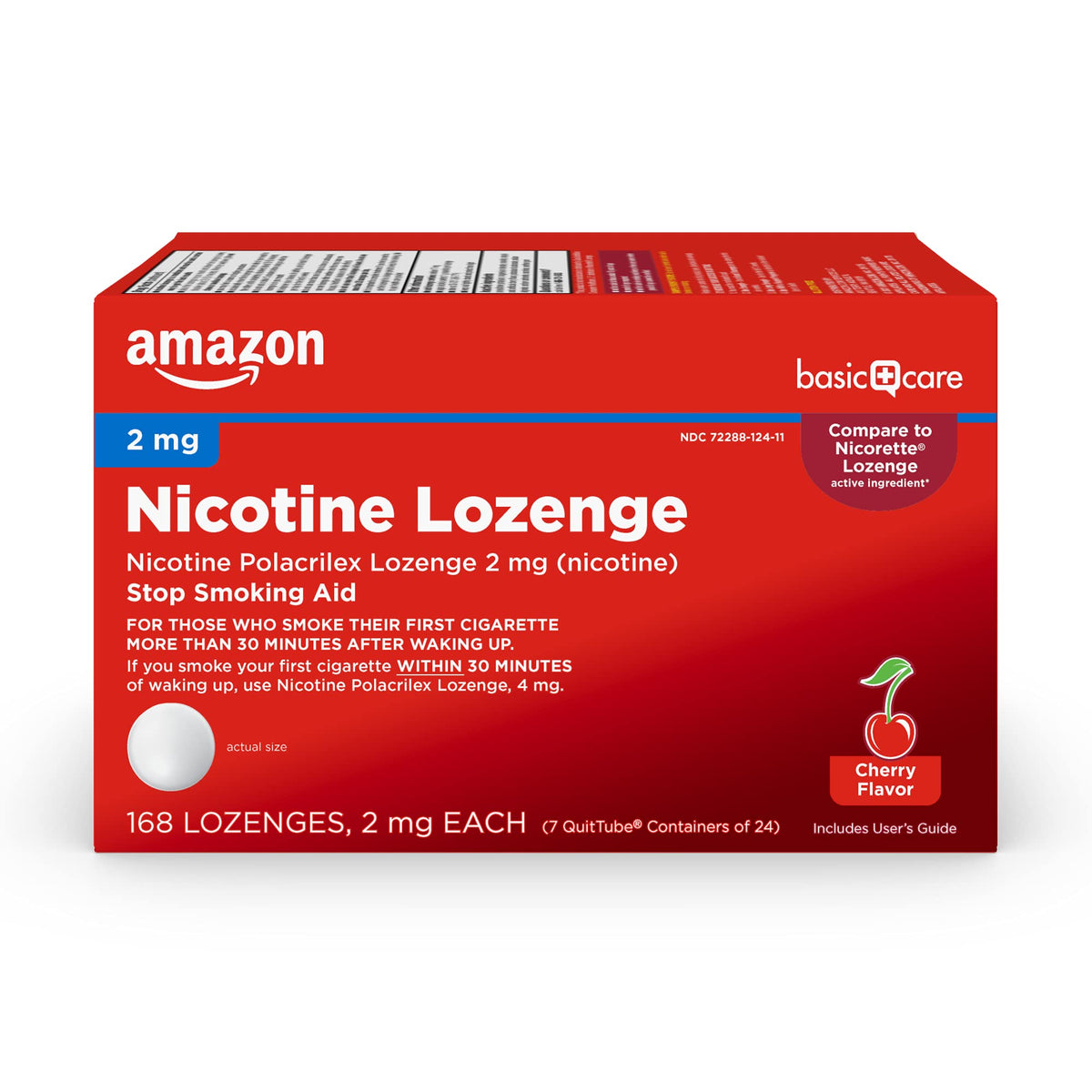 Amazon Basic Care nicotine lozenge cherry packaging provides discreet, on-the-go relief.