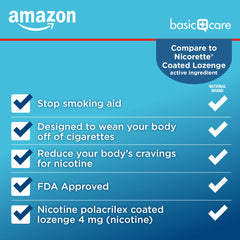 Amazon Basic Care nicotine polacrilex lozenge 4 mg supports quit plan.