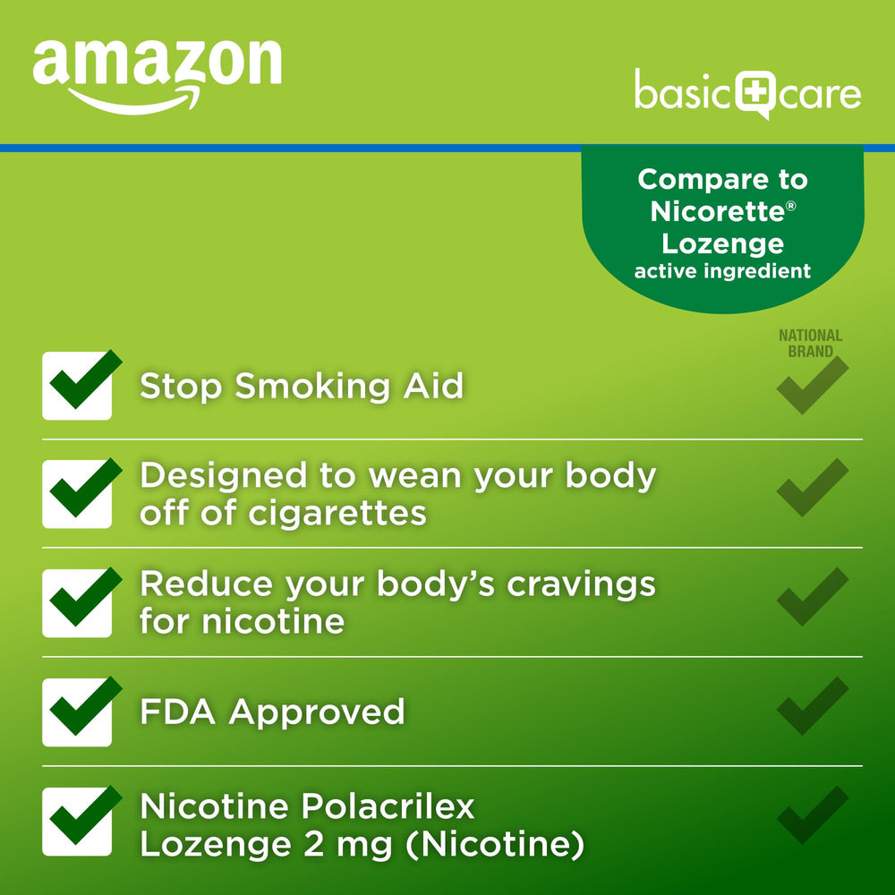 Amazon Basic Care nicotine lozenge 2 mg mint tablet close-up showing mint flavor