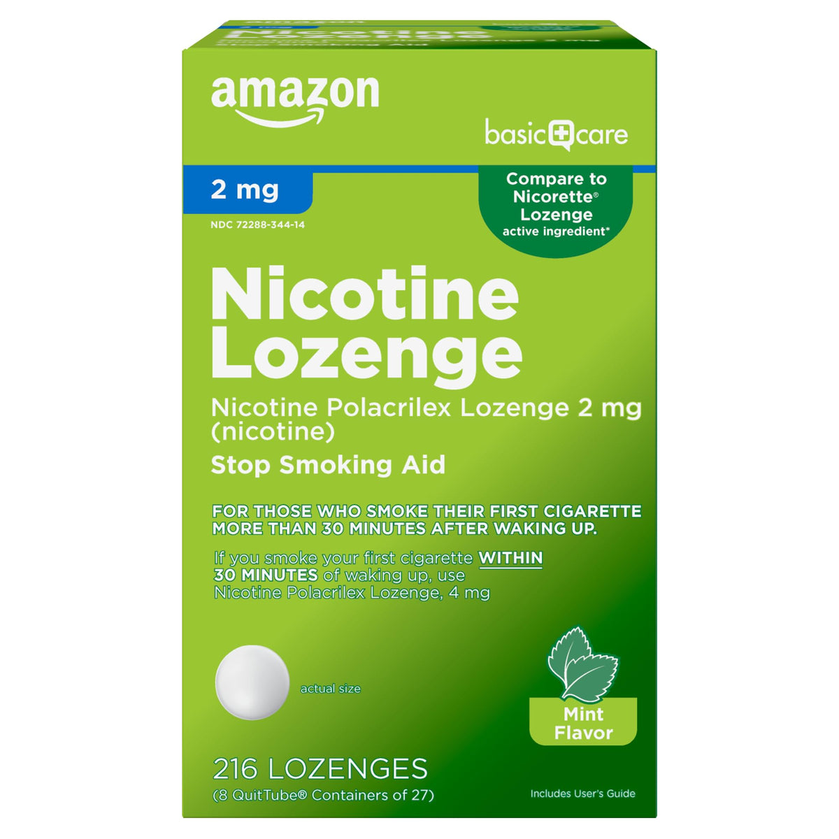 Amazon Basic Care Nicotine Polacrilex Lozenge packaging shown for discreet quit aid.