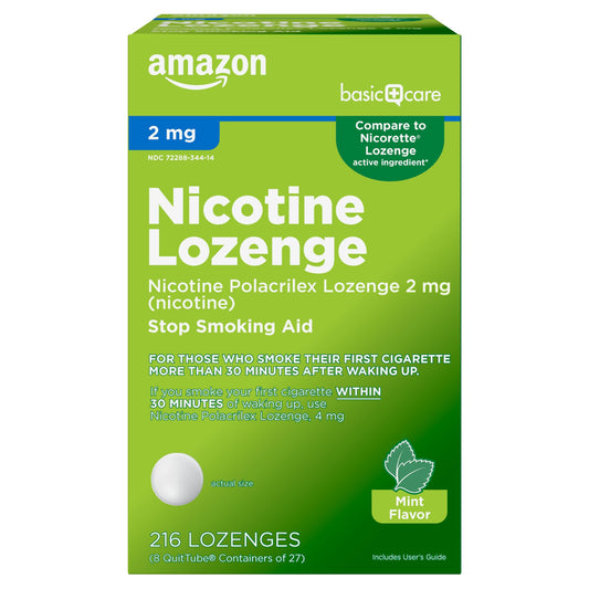 Amazon Basic Care Nicotine Polacrilex Lozenge packaging shown for discreet quit aid.