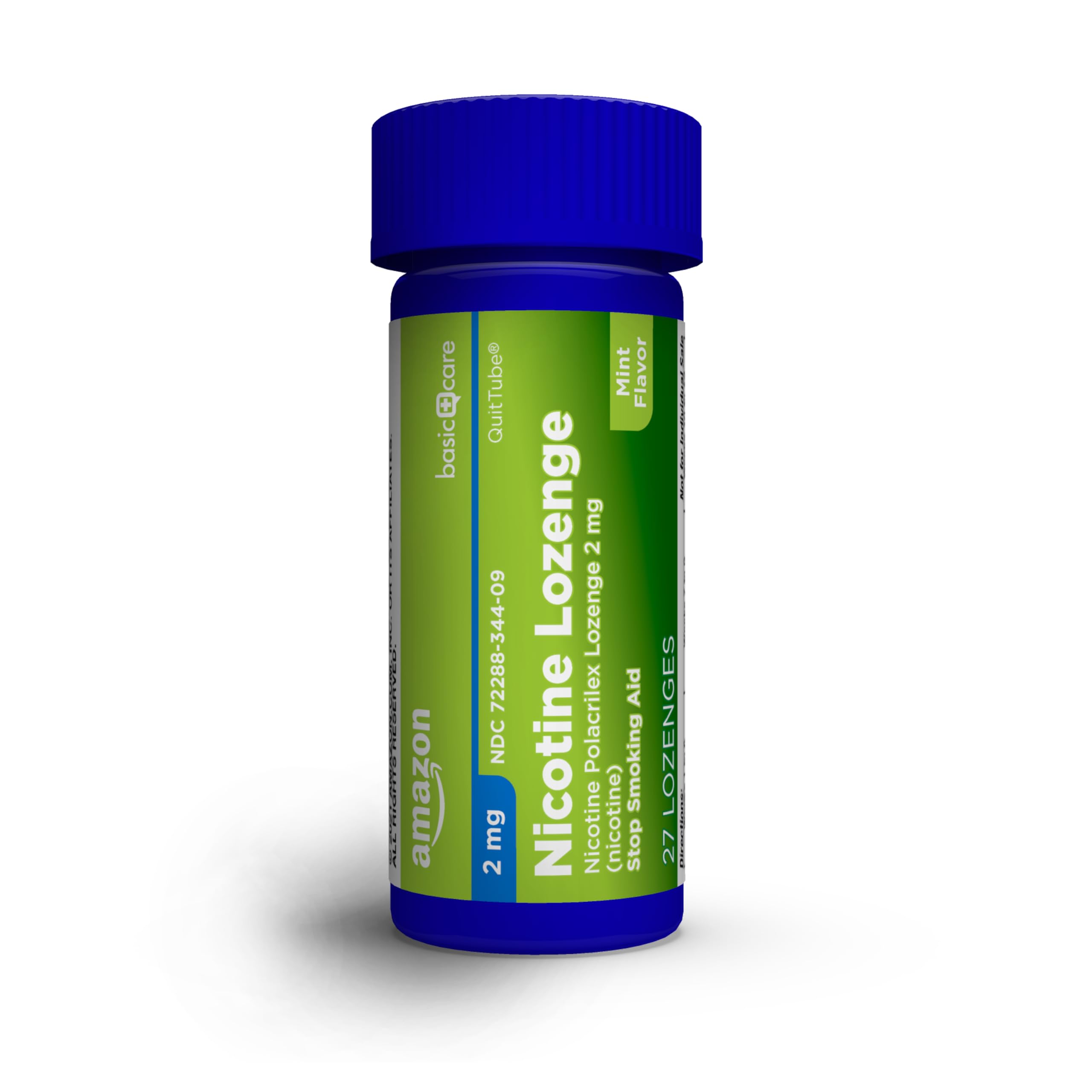 Amazon Basic Care Nicotine Polacrilex Lozenge tablet close-up highlighting active ingredient for craving relief.