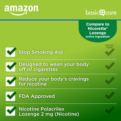 Amazon Basic Care Nicotine Polacrilex Lozenge usage guide illustrating how to use with a quit plan.