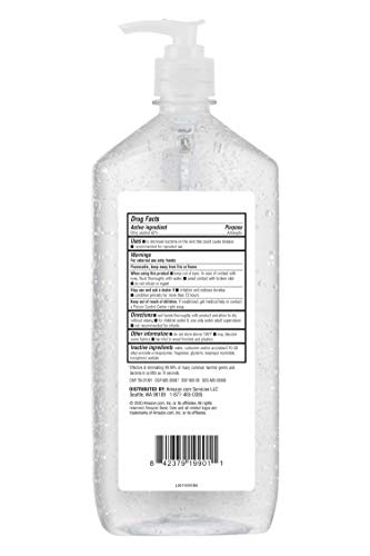 Amazon Basic Care Original Hand Sanitizer bottle, side profile, with Vitamin E for moisturized skin.