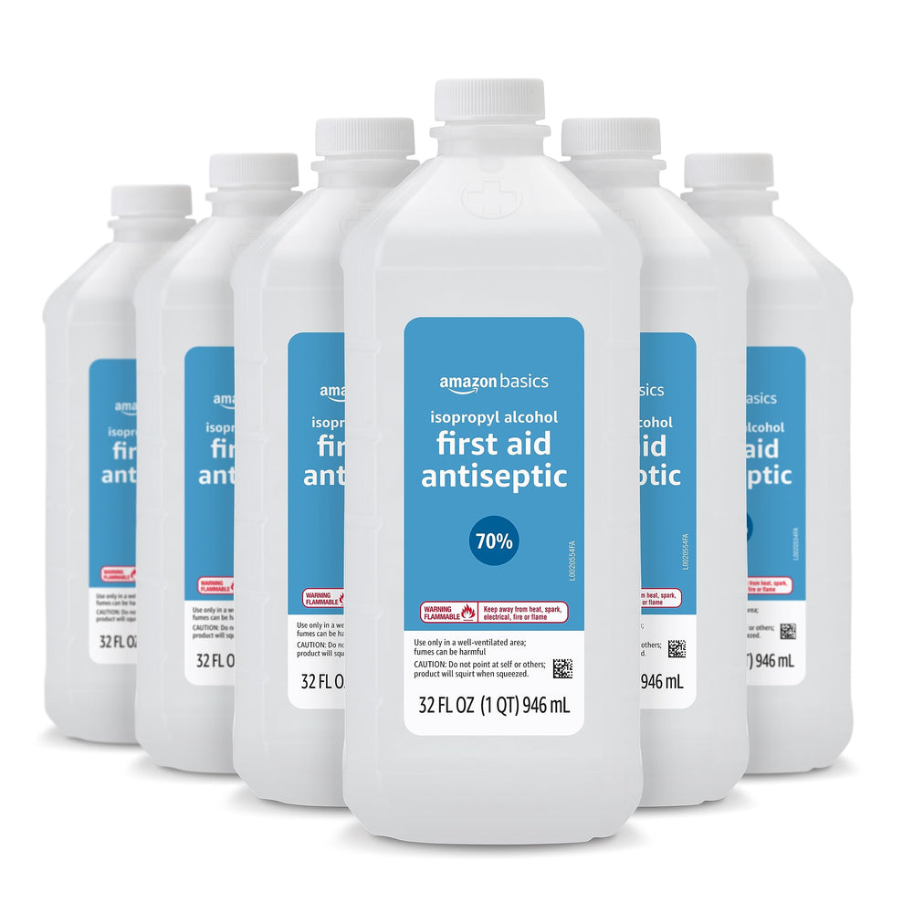Amazon Basics 70% Isopropyl Alcohol bottle label shows active ingredient for quick cleaning