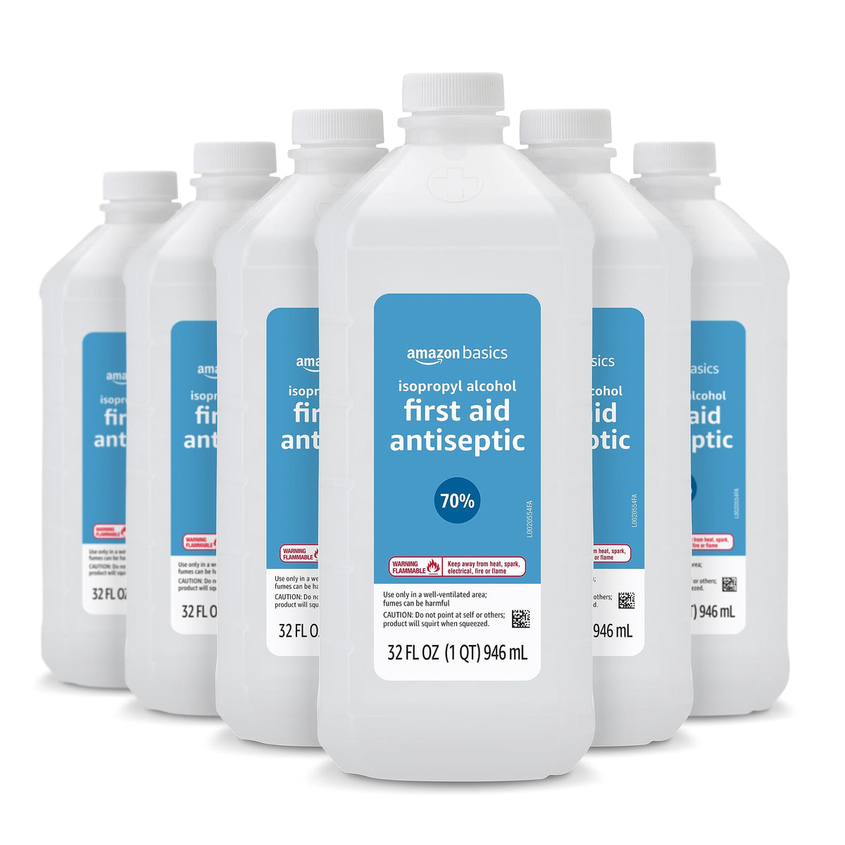 Amazon Basics 70% Isopropyl Alcohol bottle label shows active ingredient for quick cleaning
