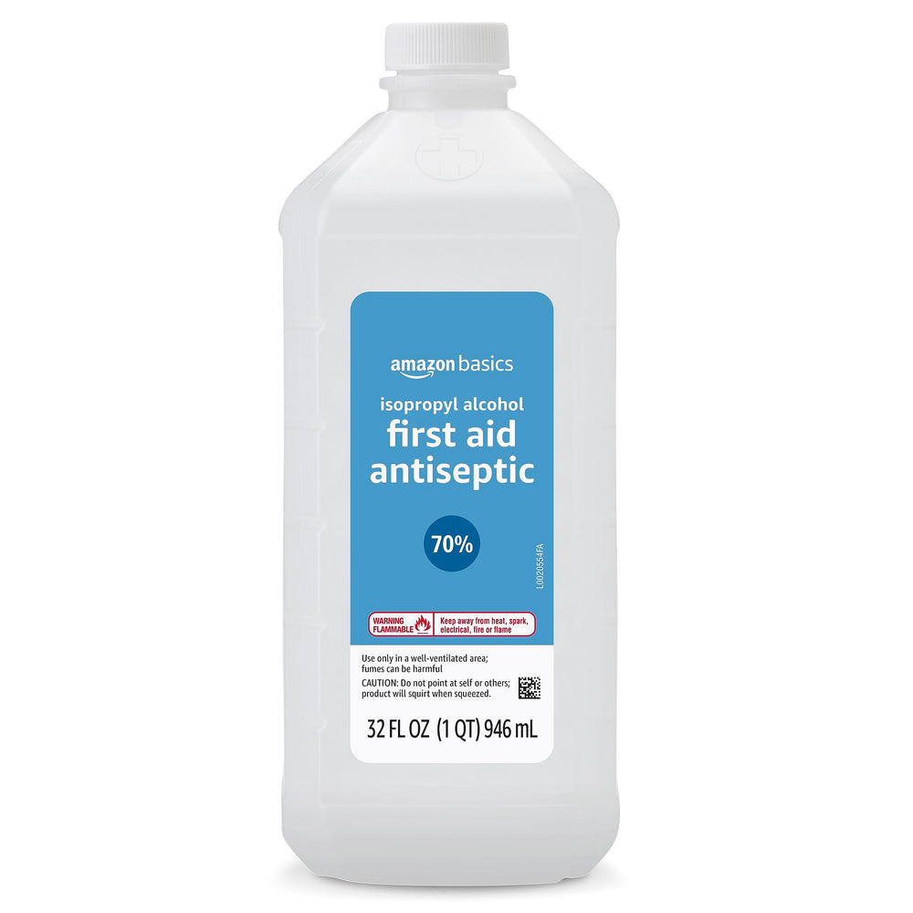 Amazon Basics 70% Isopropyl Alcohol six-bottles pack emphasizes bulk value for home first aid