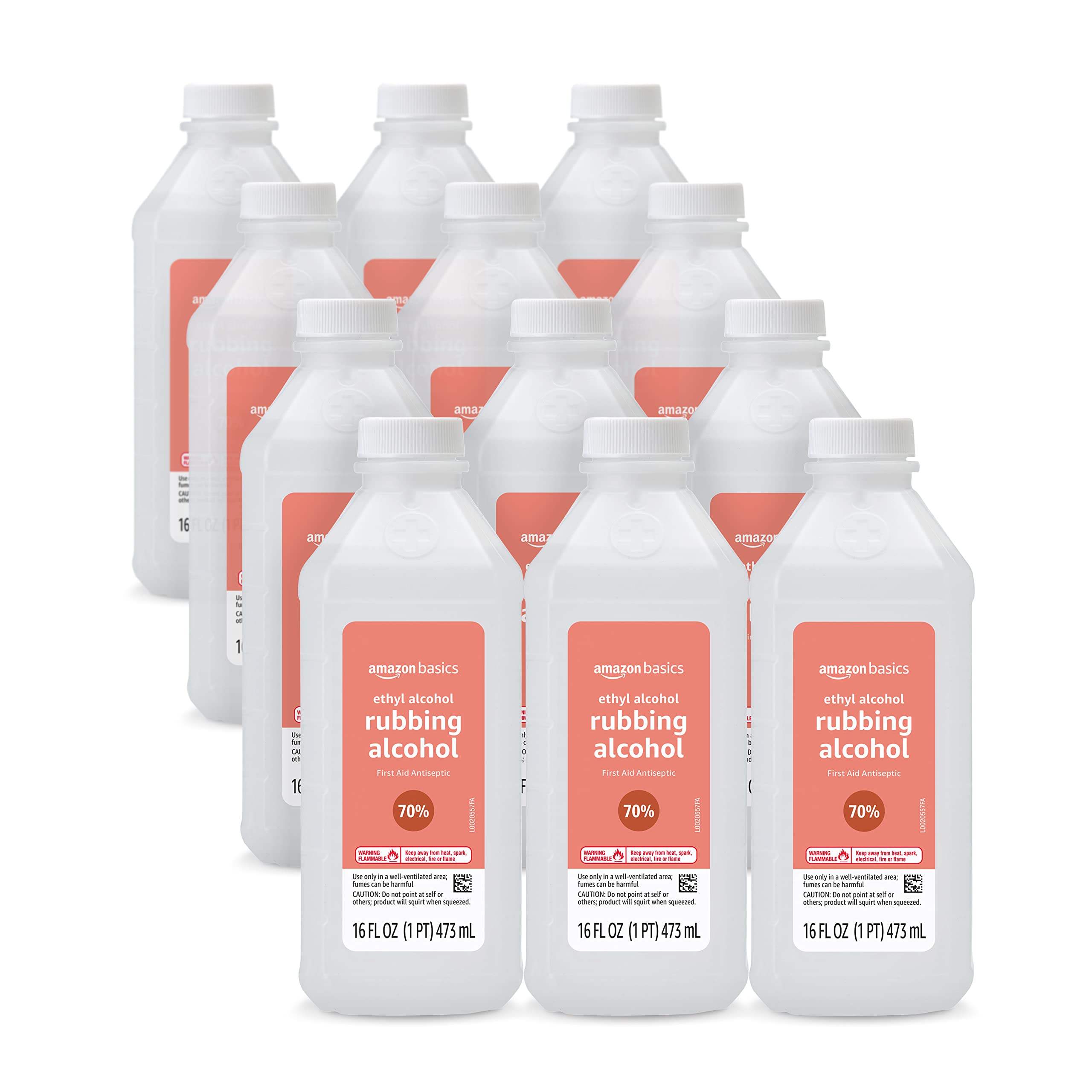 Amazon Basics 70% ethyl rubbing alcohol bottle with unscented label for wound cleaning