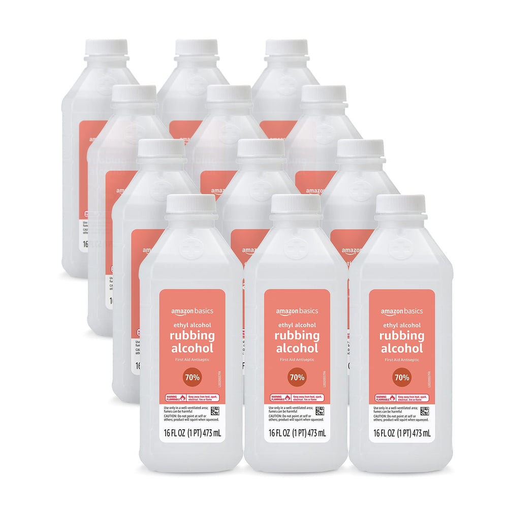 Amazon Basics 70% ethyl rubbing alcohol bottle with unscented label for wound cleaning