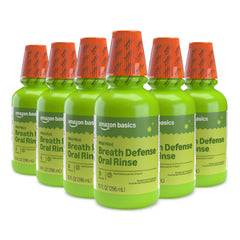 Amazon Basics Breath Defense bottle with mild mint flavor for long-lasting freshness.