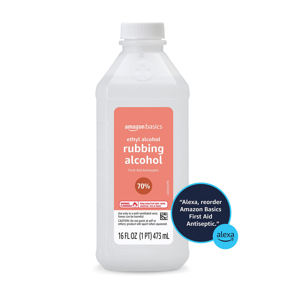 Amazon Basics label detail shows ethyl alcohol content for quick reference