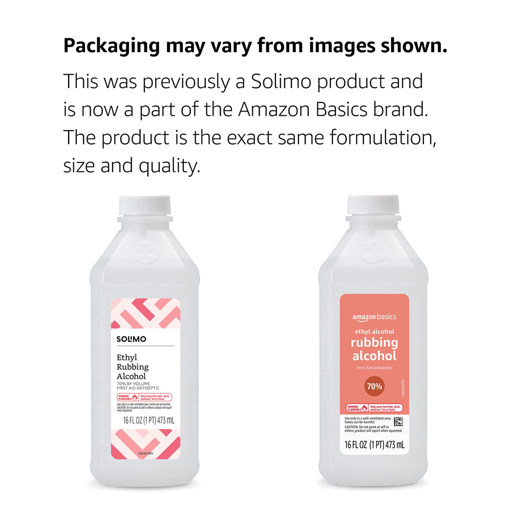 Amazon Basics unscented rubbing alcohol label on bottle for odor-free first aid