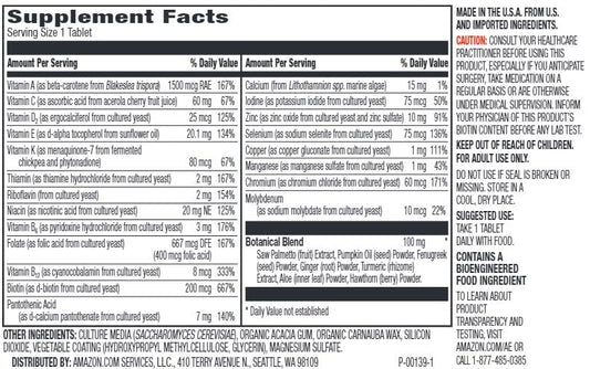 Amazon Elements Men's 40+ tablets close-up highlighting vegan formula