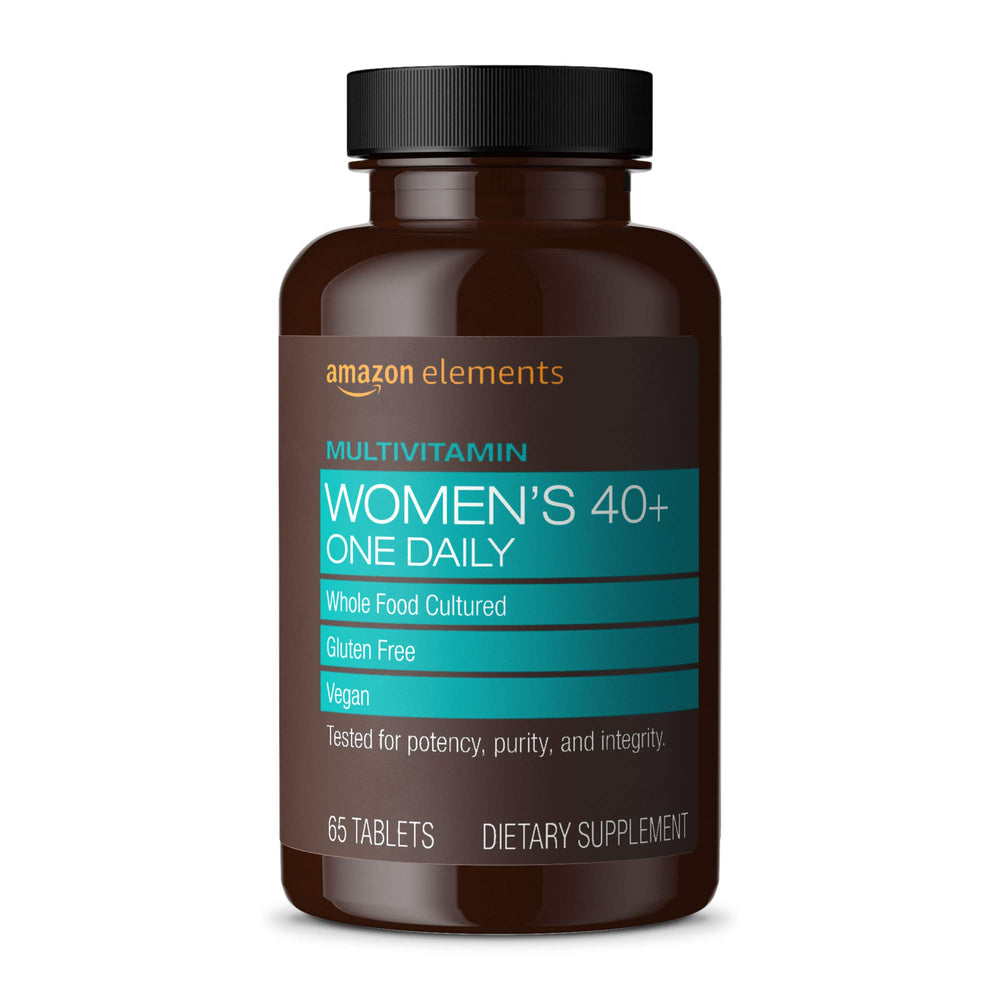 Amazon Elements Women’s 40+ multivitamin bottle close-up highlighting vegan, gluten-free formula