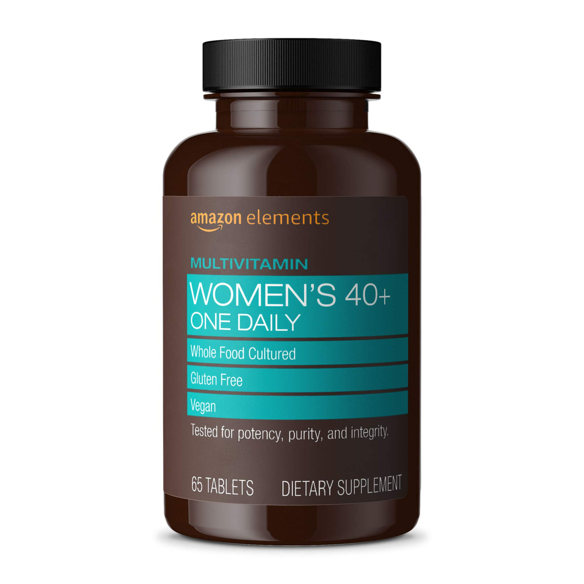 Amazon Elements Women’s 40+ multivitamin bottle close-up highlighting vegan, gluten-free formula