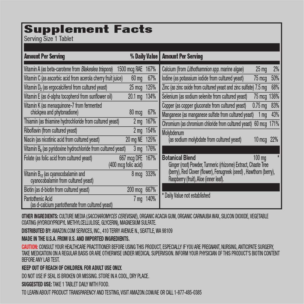 Amazon Elements Women’s 40+ multivitamin tablet dosage shown on label for two-month supply