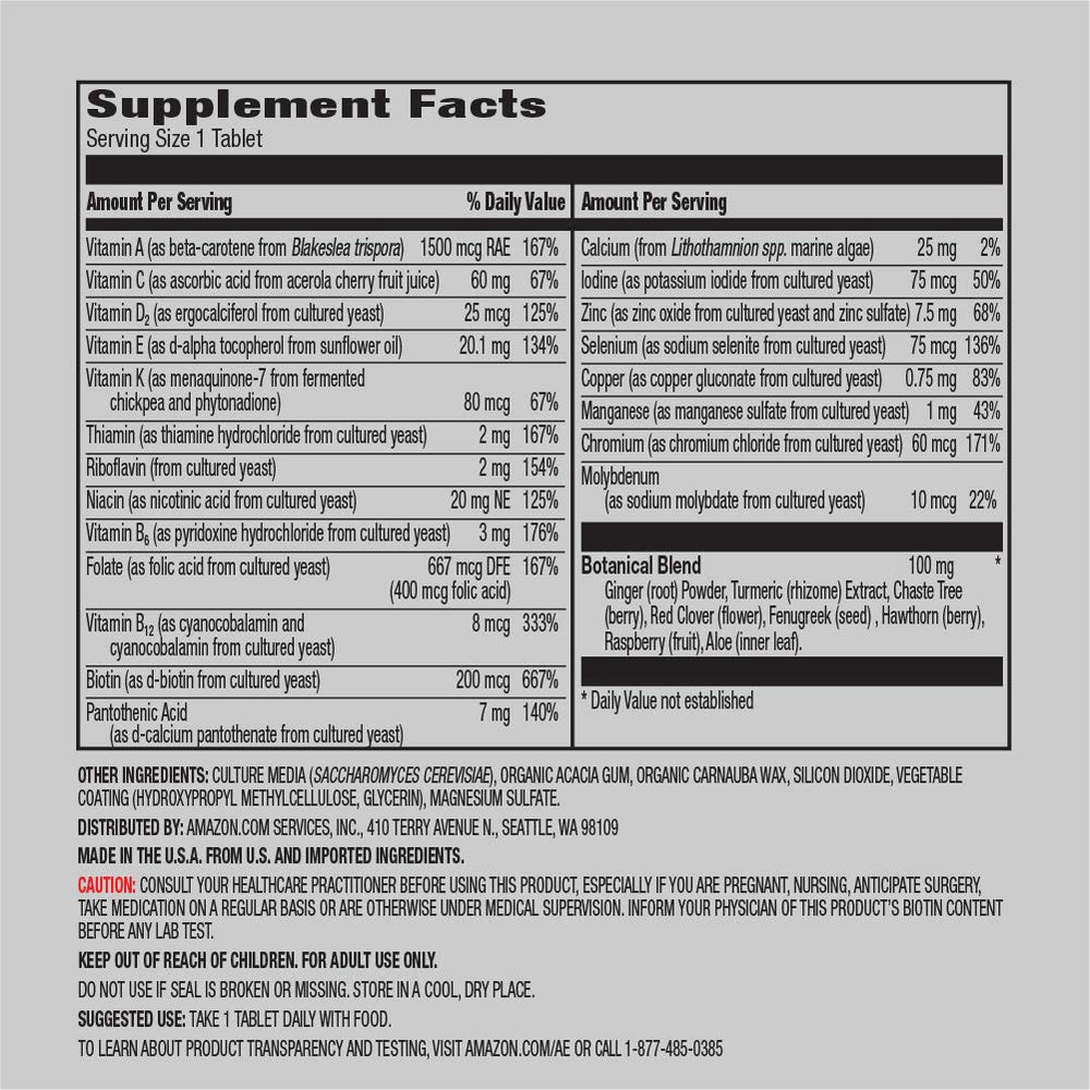 Amazon Elements Women’s 40+ multivitamin tablet dosage shown on label for two-month supply