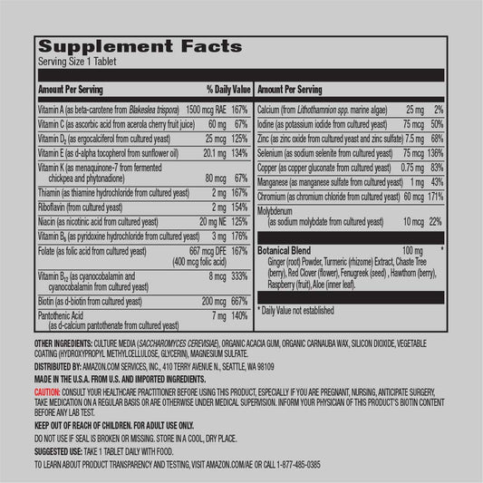 Amazon Elements Women’s 40+ multivitamin tablet dosage shown on label for two-month supply