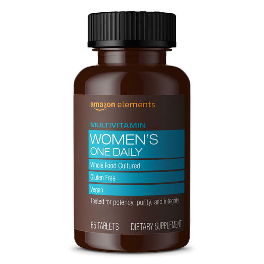Amazon Elements Women’s One Daily Multivitamin bottle pour showing capsules for daily wellness