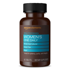 Amazon Elements Women’s One Daily Multivitamin bottle pour showing capsules for daily wellness