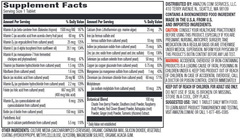Close-up of Amazon Elements multivitamin capsules for women