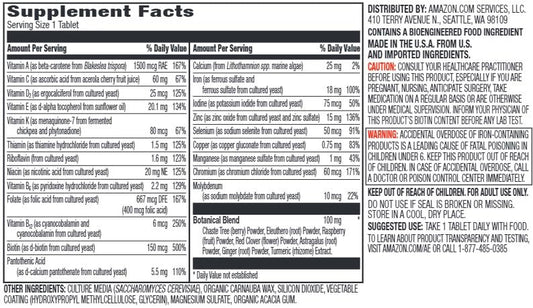 Close-up of Amazon Elements multivitamin capsules for women