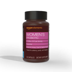 Amazon Elements Women's Probiotic bottle with 50B CFU supports daily urinary and vaginal health.