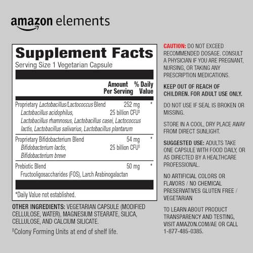 Amazon Elements Women's Probiotic bottle label highlights 50B CFU and vegetarian capsules.