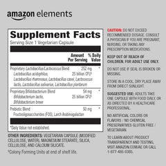 Amazon Elements Women's Probiotic bottle label highlights 50B CFU and vegetarian capsules.