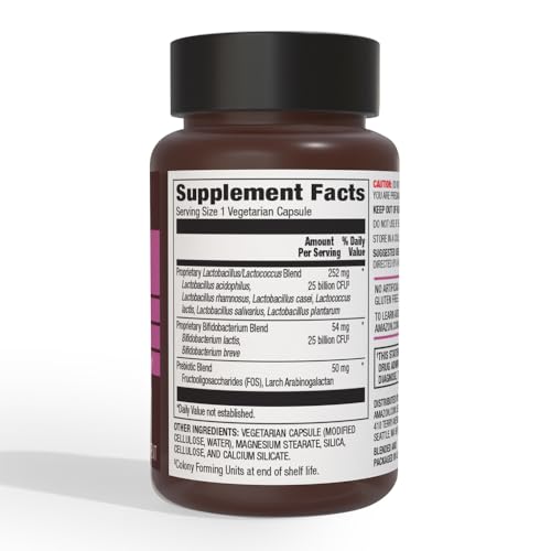 Amazon Elements Women's Probiotic capsules closeup; vegetarian capsules for ongoing gut and intimate health.