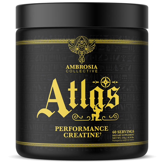 Ambrosia Atlas bottle showing Creapure with acetic acid for athletic support